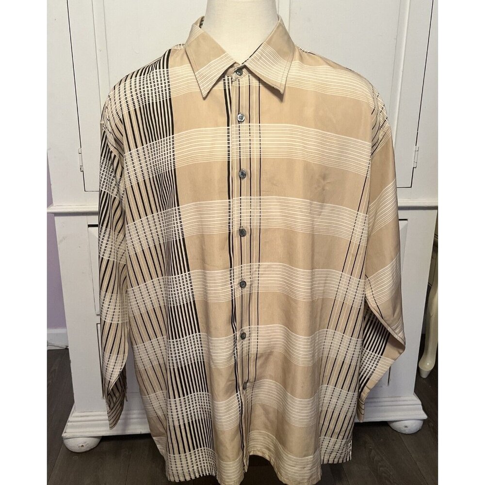Gotchu By K.B.B Mens Button Down Shirt 4XL Beige Black Long Sleeve Euc